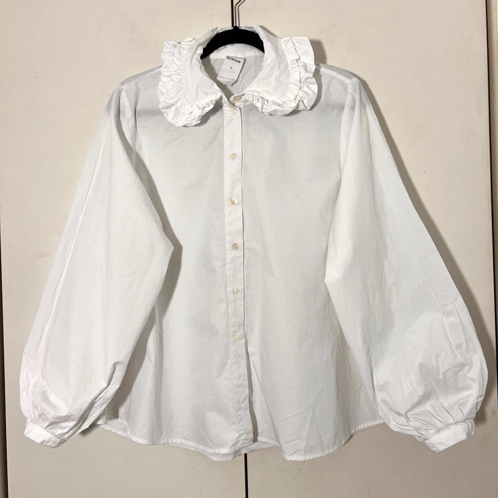 Kowtow Renaissance Top Size M White Organic Cotton Ruffle Collar Lantern Sleeve - Picture 2 of 8